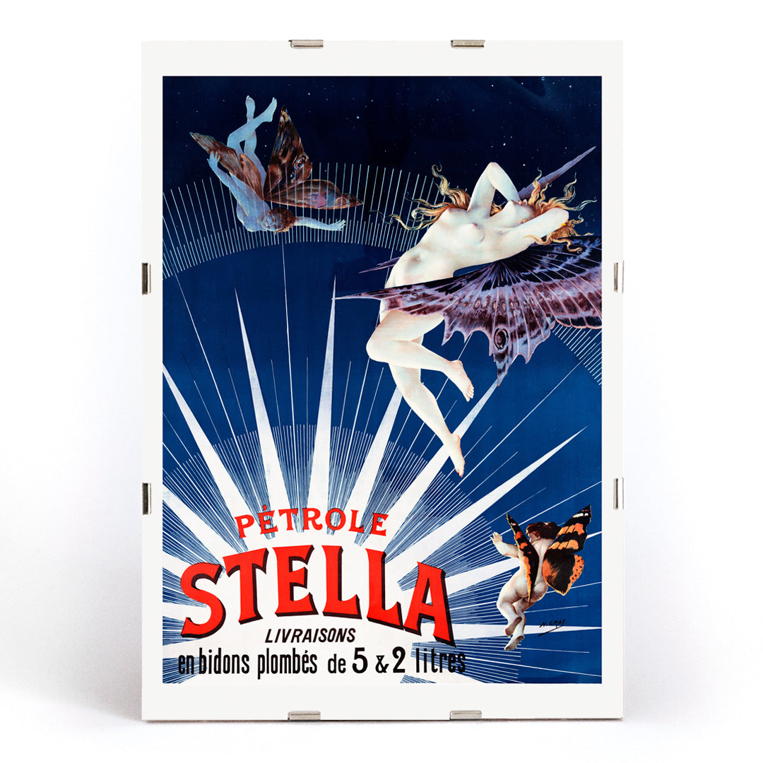 Art nouveau posters by Henri Boulanger Pétrole Stella featuring a glowing female figure with butterfly wings and a nude figure merging with butterflies against a starry sky for home decor, framed and displayed in modern living room decor