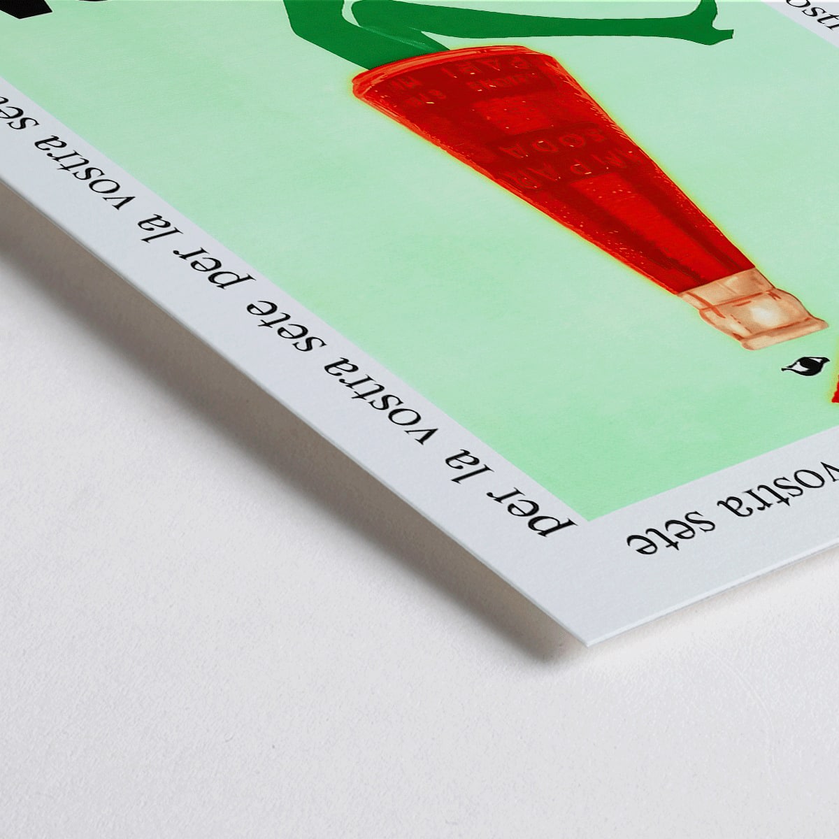 Closeup detail of Campari Soda advertising posters by Franz Marangolo and Leonetto Cappiello featuring stylized bottles with green legs and walking on a green background