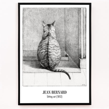 Closeup detail of Detailed drawing poster of a sitting cat viewed from behind in a room artwork by Jean Bernard titled Sitting cat from behind