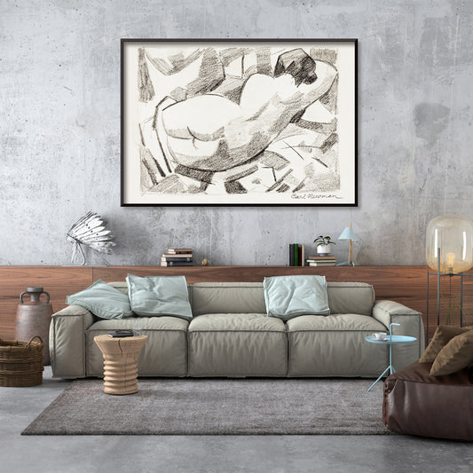 Charcoal sketch poster of reclining nude woman by Carl Newman featuring a black and white abstract figure, framed and displayed in home decor