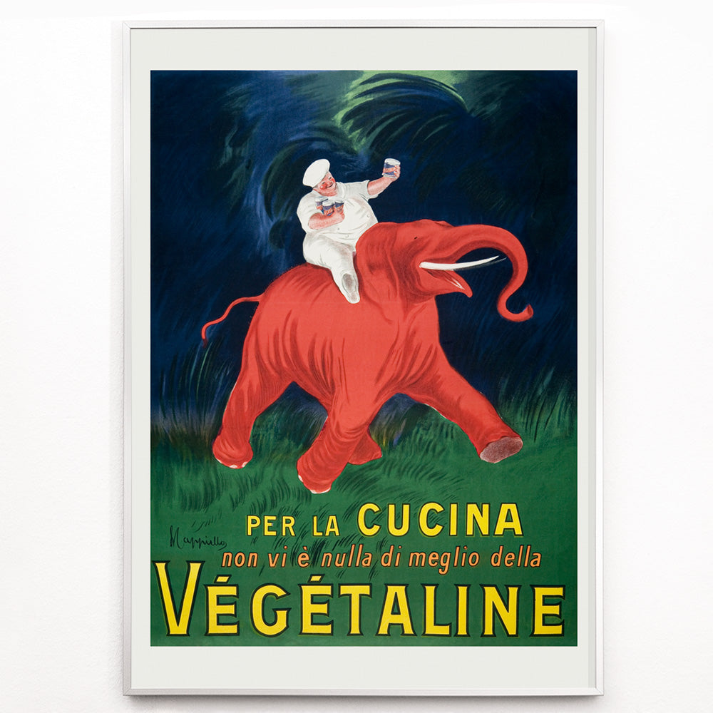 Closeup detail of Vintage poster of chef riding a red elephant with bold Vegetaline text artwork by Leonetto Cappiello vibrant style