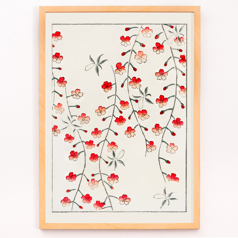 Closeup detail of Cherry blossom branches and red flowers artwork by Watanabe Seitei from Bijutsu Sekai Japanese poster illustration