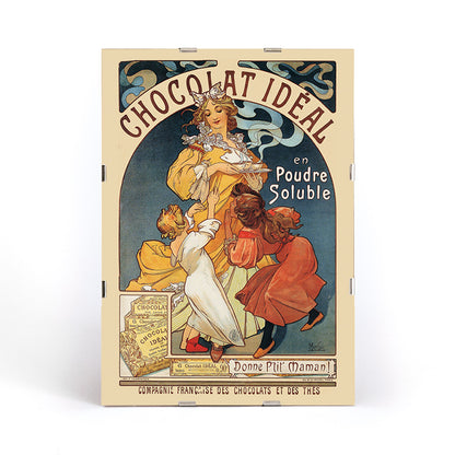 Vintage Art Nouveau poster Chocolat Ideal by Alphonse Mucha showing a woman serving hot chocolate to joyful children, framed and displayed in modern living room decor