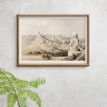Historic view and poster of the Citadel of Cairo residence of Mehemet Ali with people camels and historical architecture by artist David Roberts, framed and displayed in home decor