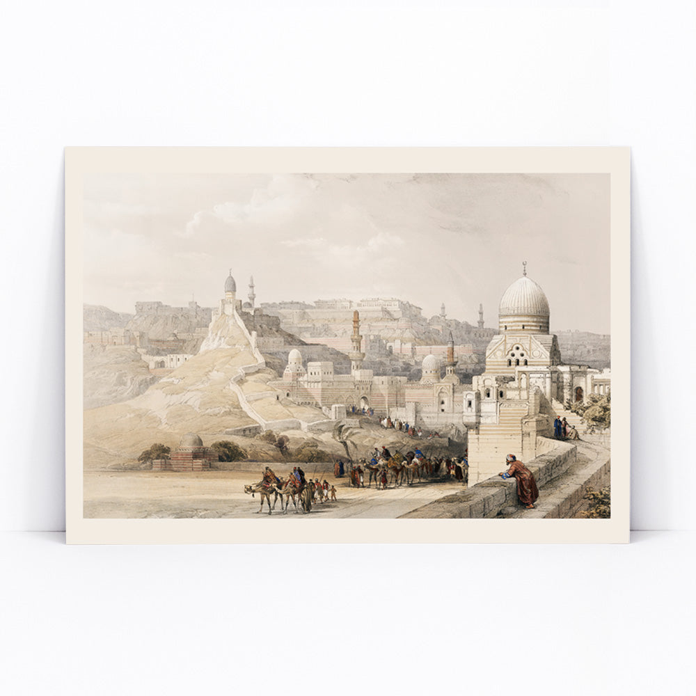 Historic view and poster of the Citadel of Cairo residence of Mehemet Ali with people camels and historical architecture by artist David Roberts, framed and displayed in modern living room decor
