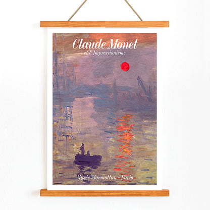 Claude Monet Soleil Levan exhibition poster vibrant impressionist artwork with red sun over water, with wooden magnetic frame on white background
