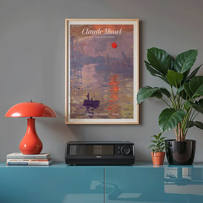 Claude Monet Soleil Levan exhibition poster vibrant impressionist artwork with red sun over water, framed and displayed in home decor