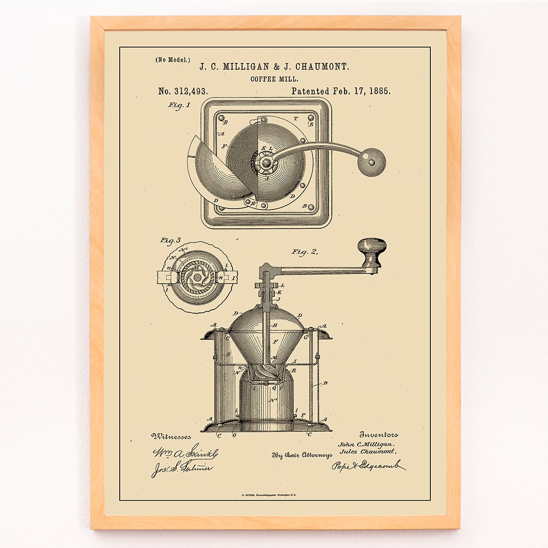 Detailed black and white illustration and patent poster of a mechanical coffee grinder by J C Milligan titled Coffee Mill showing detailed components, framed and displayed in modern living room decor