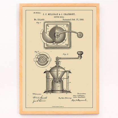 Detailed black and white illustration and patent poster of a mechanical coffee grinder by J C Milligan titled Coffee Mill showing detailed components, framed and displayed in modern living room decor