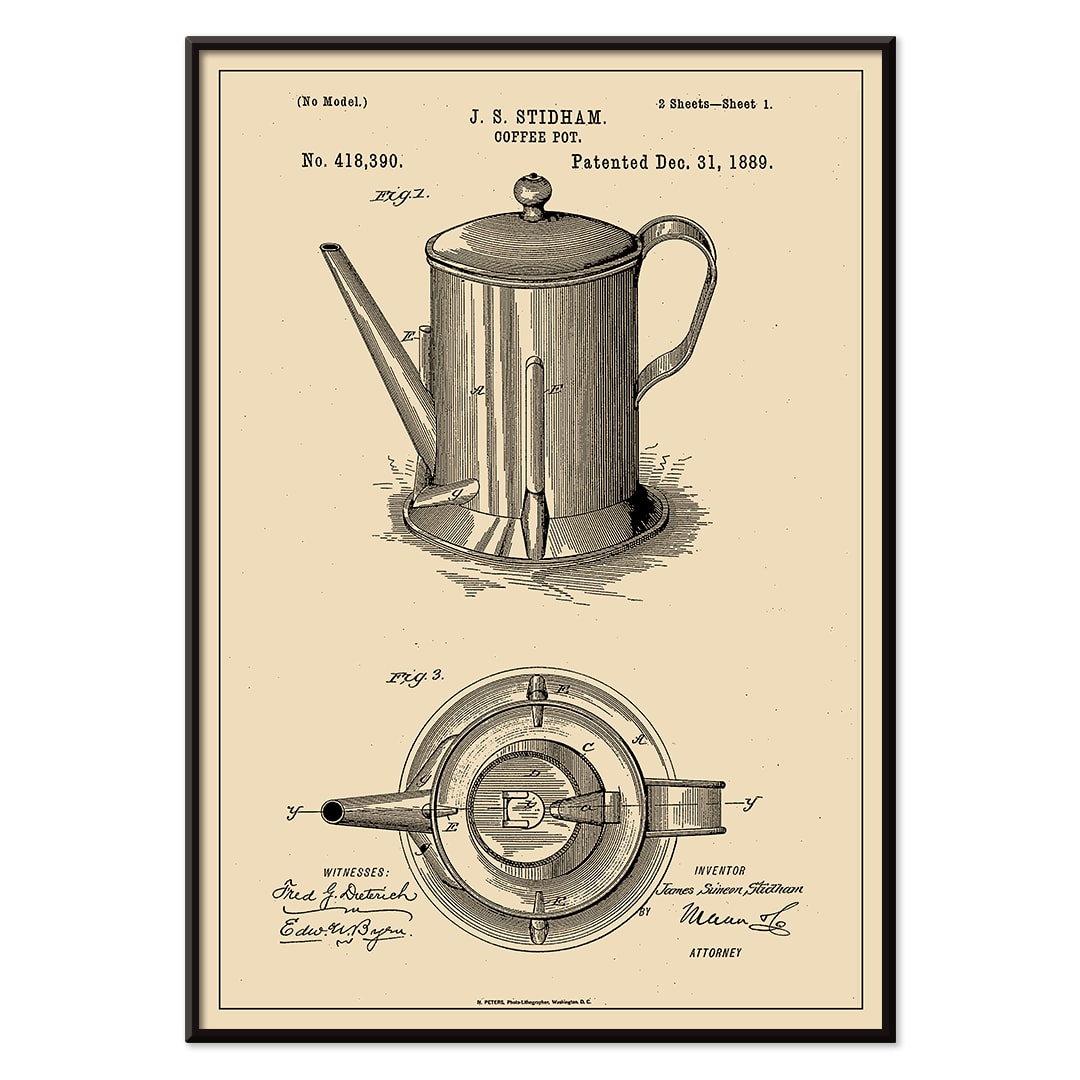 Patent illustration poster of a coffee pot by JS Stidham with detailed technical drawings, with black aluminium frame on white background