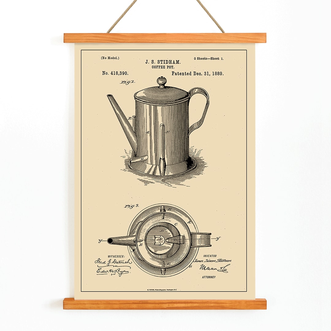 Patent illustration poster of a coffee pot by JS Stidham with detailed technical drawings, with wooden magnetic frame on white background