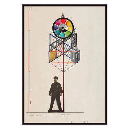 Geometric exhibition stand design by Gustavs Klucis for VKhUTEMAS featuring a colorful structure and a person below poster style, with black aluminium frame on white background