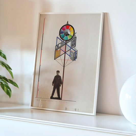 Geometric exhibition stand design by Gustavs Klucis for VKhUTEMAS featuring a colorful structure and a person below poster style, framed and displayed in home decor