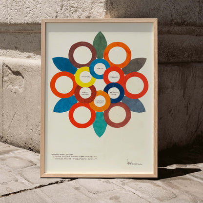 Colorful abstract flower and overlapping rings artwork Centre Pure Colors by Elizabeth A Nedwill, framed and displayed in home decor