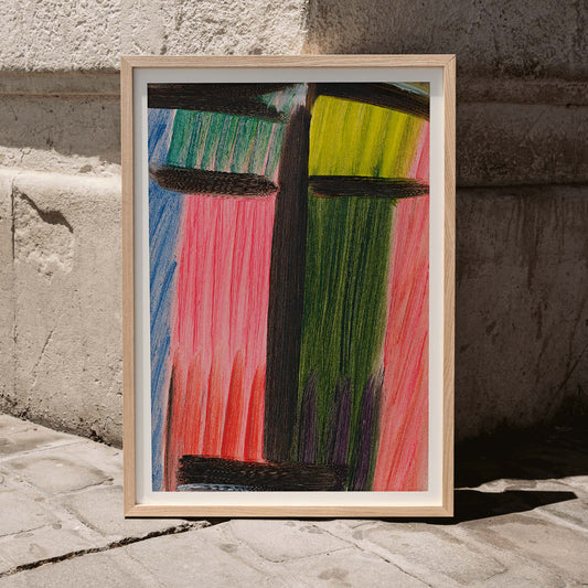 Abstract painting in bold colors with vertical and horizontal brushstrokes titled Meditation by Alexej von Jawlensky, framed and displayed in home decor