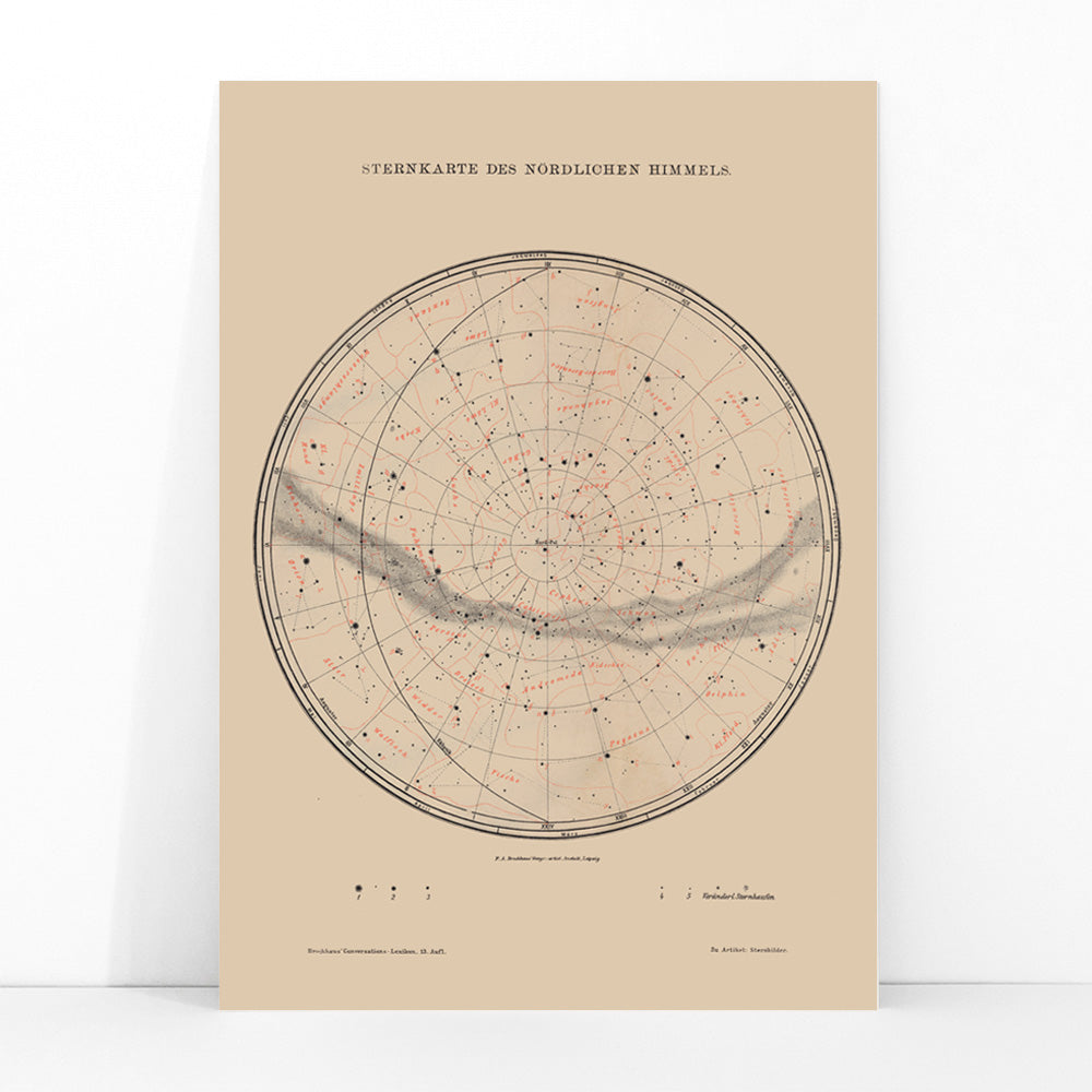 Vintage astronomy poster featuring a detailed map of northern sky stars titled Nothern Sky Star Poster by The Institute of Liepzig perfect for wall decor, framed and displayed in modern living room decor