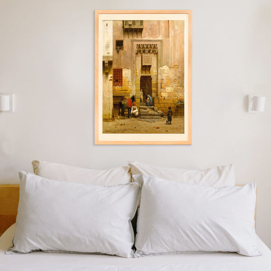 People and a horse in a sunlit Middle Eastern courtyard from The Courtyard of a house in Cairo by Willem de Famars Testas poster with architectural details, framed and displayed in home decor
