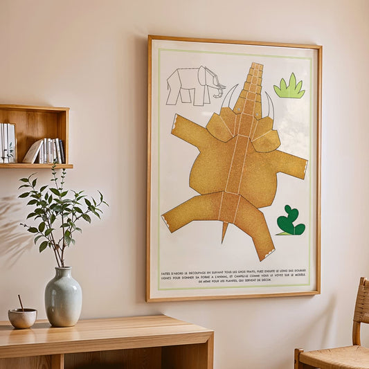 Collage and poster of geometric cutout animals and plants by Turenne Chevallereau La Jungle chez moi Pl 02, framed and displayed in home decor