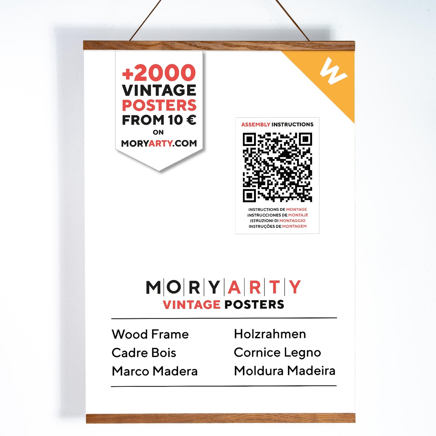 Dark oak magnetic wood frame with natural grain, minimalist design, and attached rope for hanging a poster or artwork on a wall, full front picture