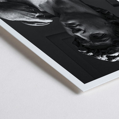 Closeup detail of David by Michelangelo Buonarroti classic sculpture and grayscale poster from Mo Art Gallery Florence