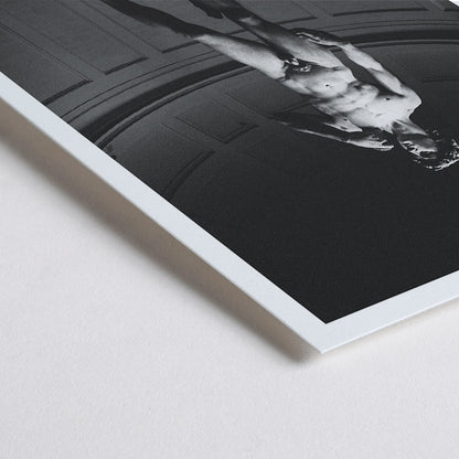 Closeup detail of Michelangelo Buonarroti David sculpture and poster at Mo Art Gallery Florence