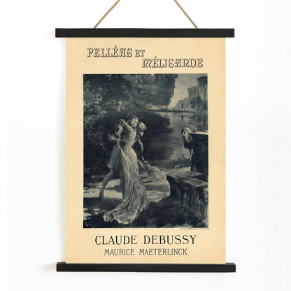 Artistic poster for Claude Debussy and Maurice Maeterlincks Pelleas et Melisande at Theatre de lOpera Comique featuring characters by a river for the premiere, with wooden magnetic frame on white background