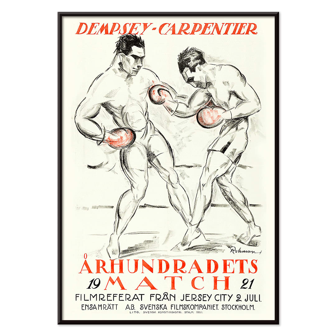 Boxing Match of the Century Dempsey Vs Carpentier illustration and poster by Eric Rohman showing two boxers mid fight with Swedish text, with black aluminium frame on white background