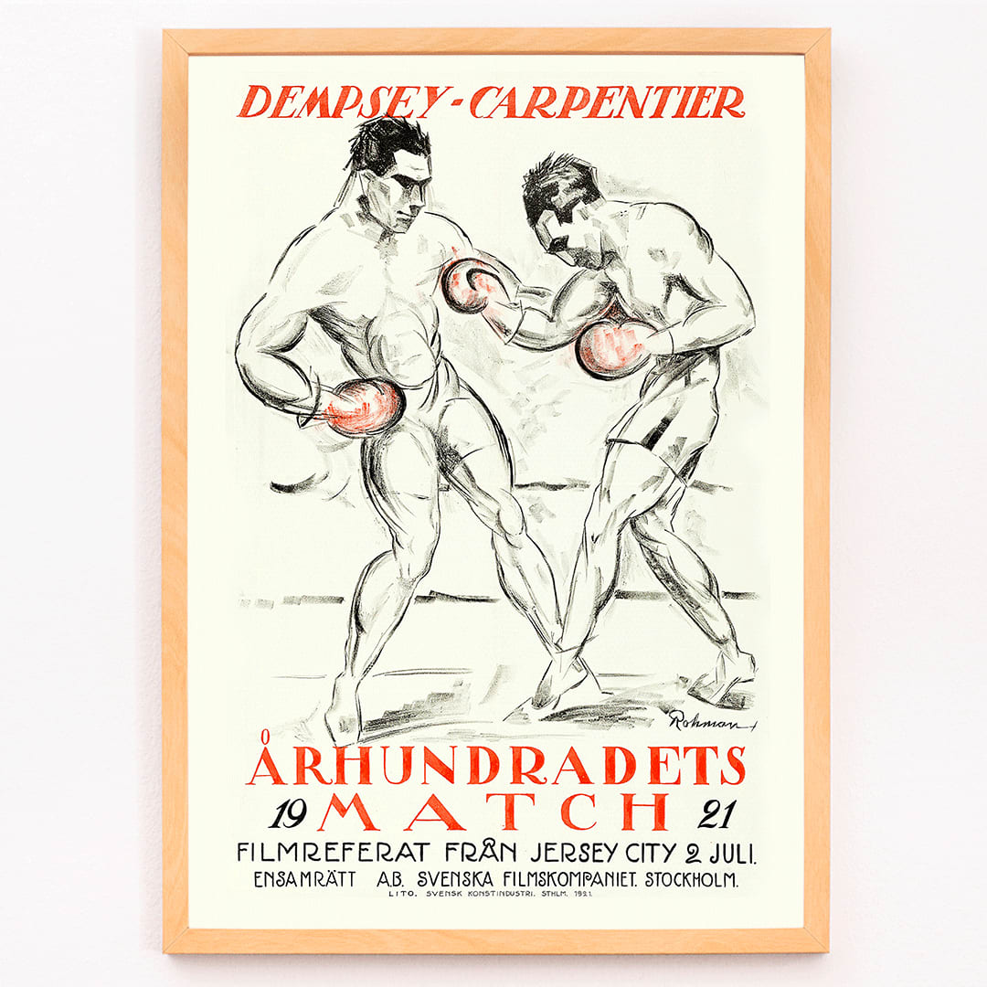 Boxing Match of the Century Dempsey Vs Carpentier illustration and poster by Eric Rohman showing two boxers mid fight with Swedish text, framed and displayed in modern living room decor