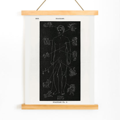 Human body diagram with astrological zodiac symbols and body part connections from Solar Biology by Hiram Erastus Butler, with wooden magnetic frame on white background