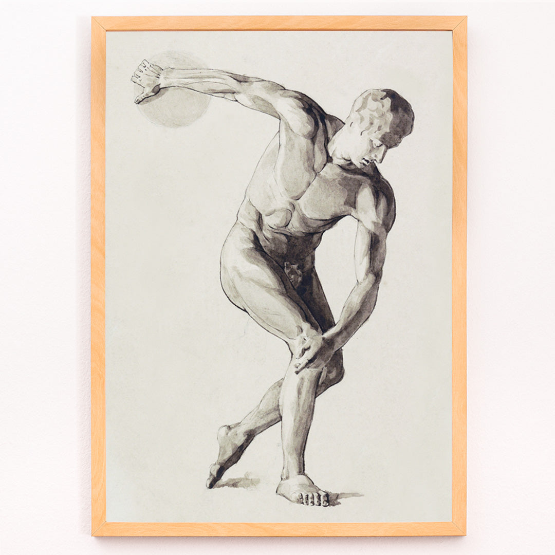 Closeup detail of Discus Thrower by Jan Veth classical male athlete in dynamic discus throwing pose artwork and poster