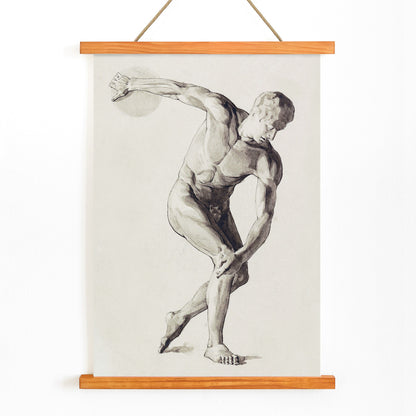 Discus Thrower by Jan Veth classical male athlete in dynamic discus throwing pose artwork and poster, with wooden magnetic frame on white background