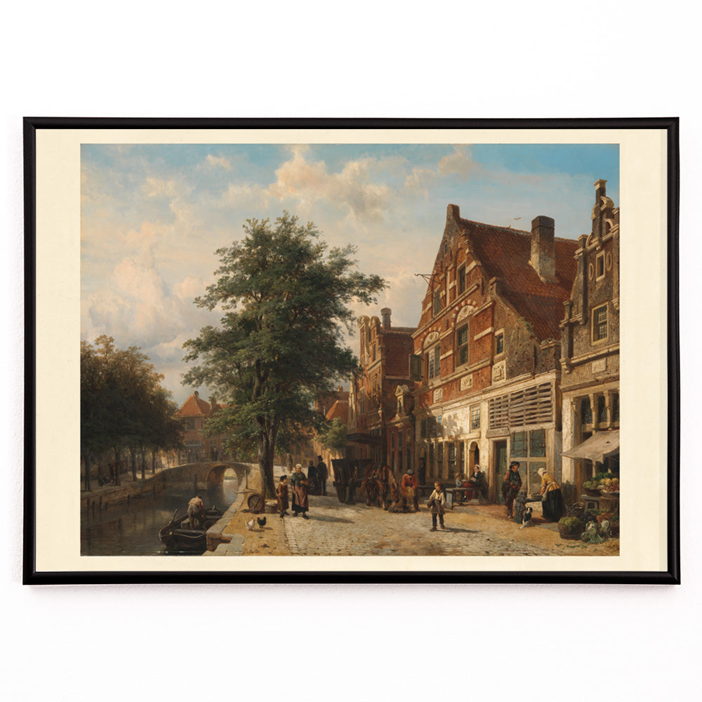 Closeup detail of Town View by Cornelis Springer Dutch canal street scene with people horse cart trees and cityscape poster ideal for wall decor