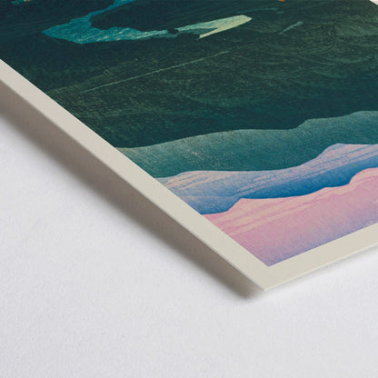 Closeup detail of Ecchu Umidani Pass by Kawase Hasui landscape artwork showing mountains and a winding river at dawn and dusk