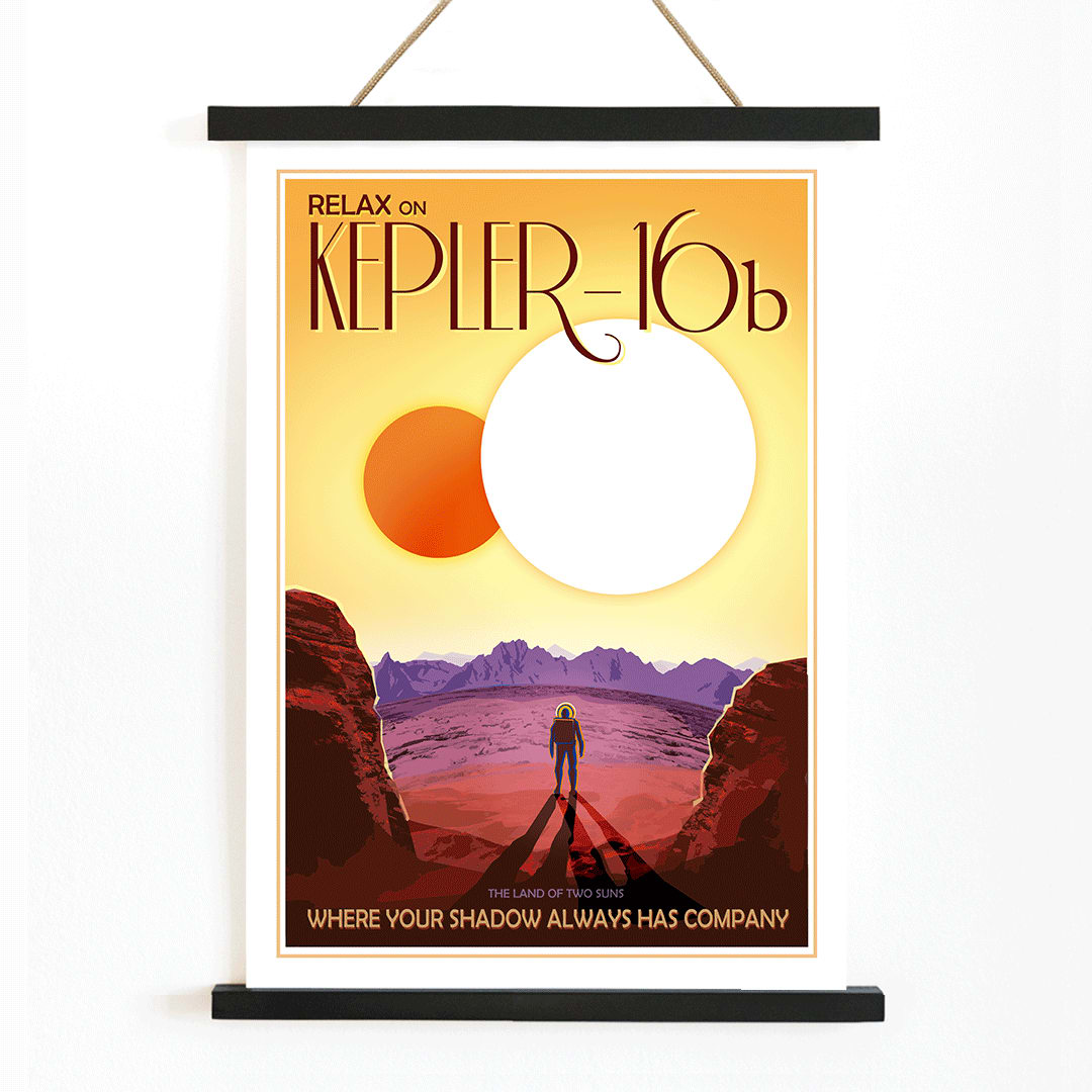 Astronaut on rocky alien landscape with twin suns in the sky Relax on Kepler-16b NASA space poster, with wooden magnetic frame on white background