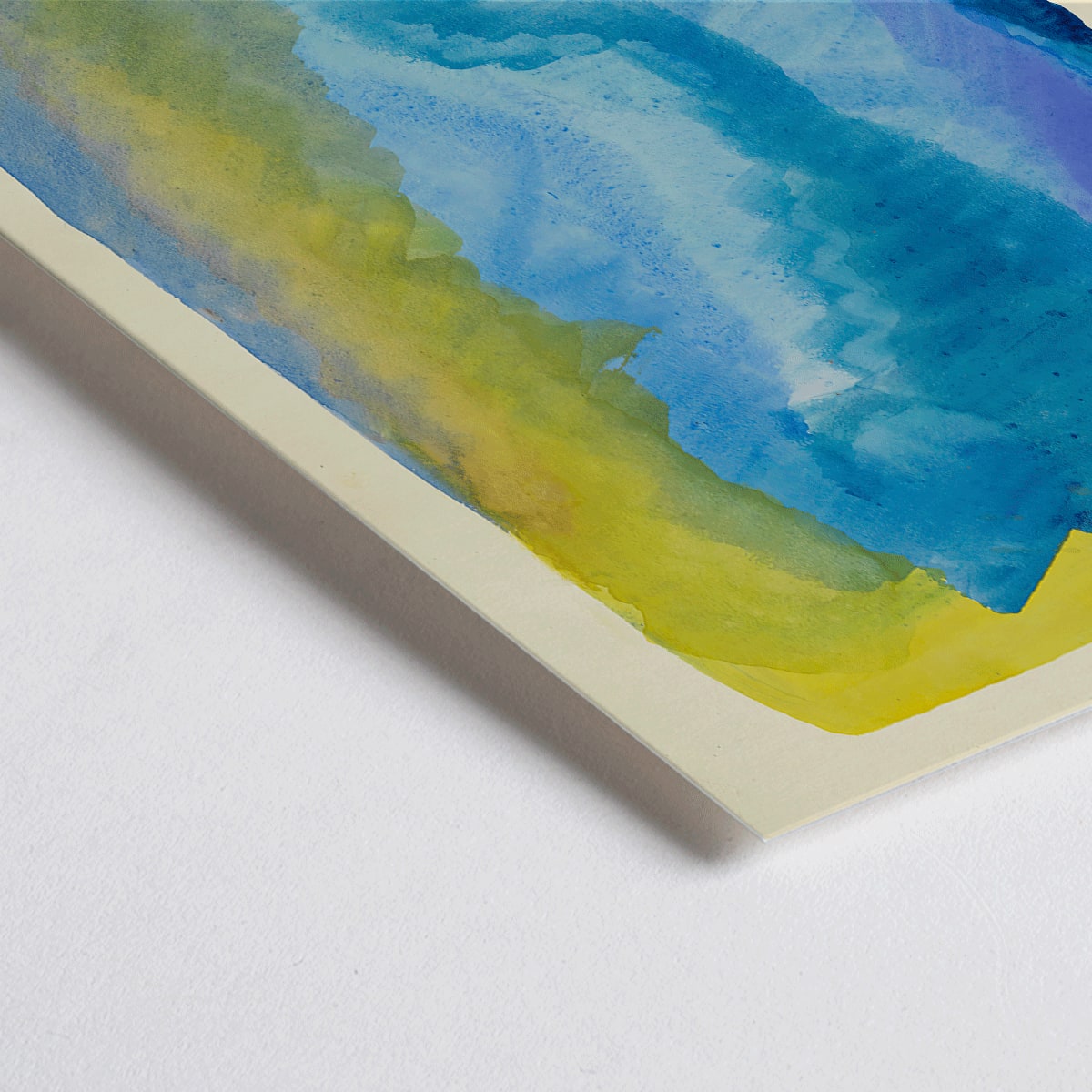 Closeup detail of Abstract watercolor poster with vivid blue yellow green and purple tones titled Farbstudien 10 Blätter IV by Karl Wiener