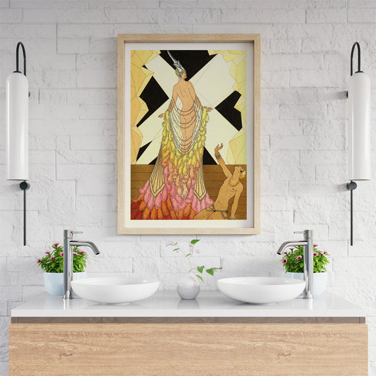 Art deco illustration and poster of elegant woman in feathered gown with kneeling figure inspired by Falbalas et fanfreluches by George Barbier, framed and displayed in home decor