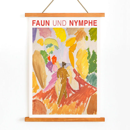 Faun and Nymphe by Edvard Weie vibrant abstract painting poster with colorful brushstrokes and bold figures, with wooden magnetic frame on white background