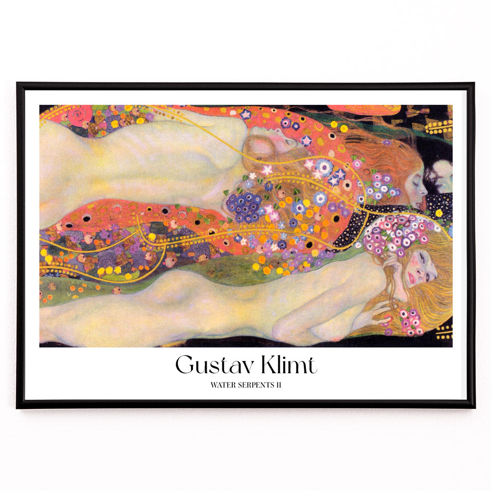 Closeup detail of Gustav Klimt Water Serpents II colorful Art Nouveau painting and poster featuring intertwined nude women with vibrant floral and gold decorative patterns