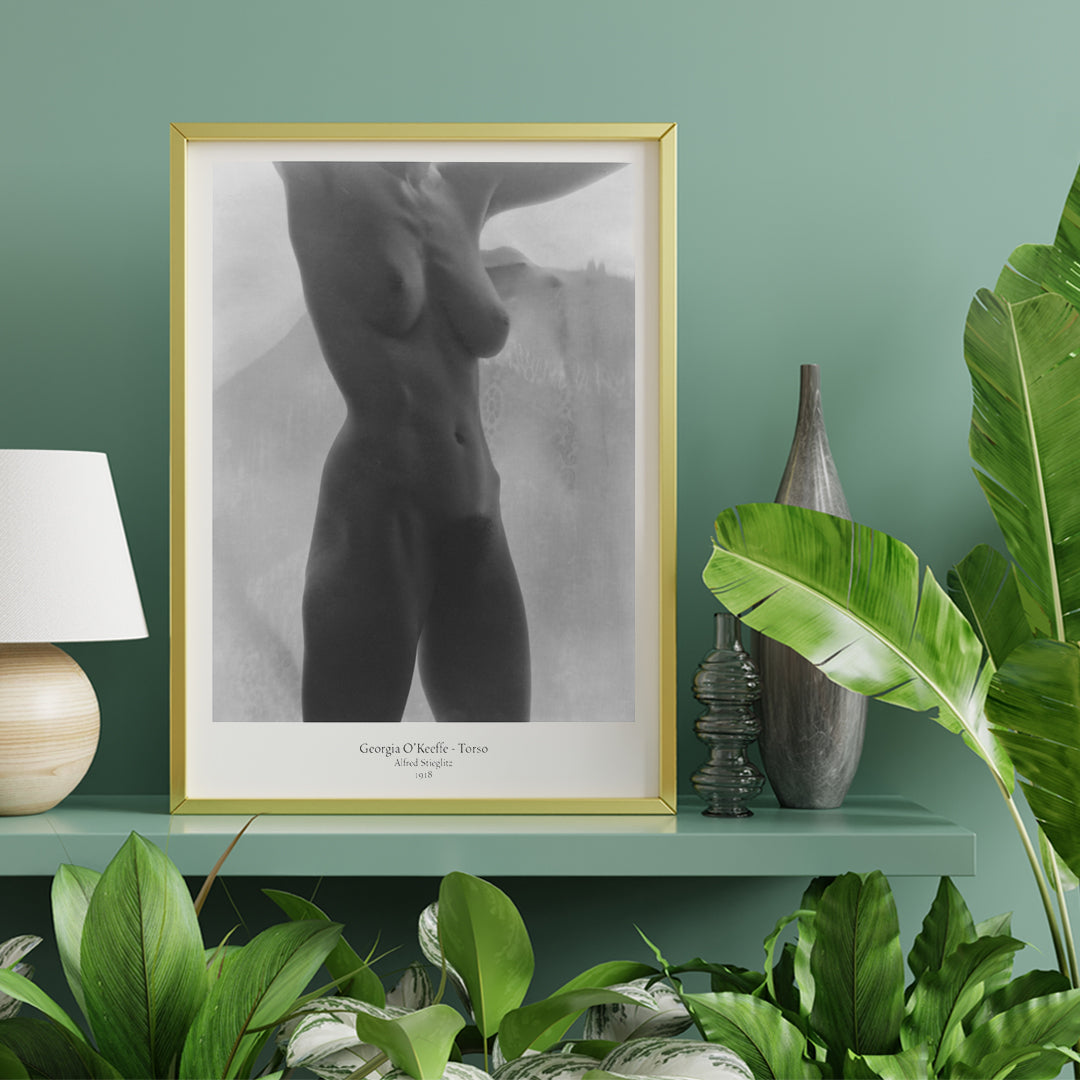 Black and white artistic nude torso photograph of Georgia O Keeffe titled Torso by Alfred Stieglitz poster, framed and displayed in home decor