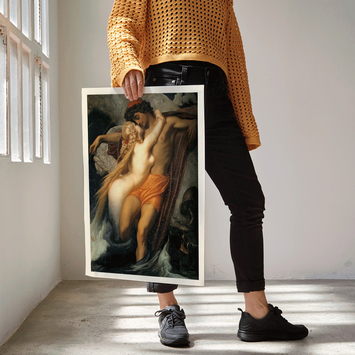 The Fisherman And The Syren by Frederic Leighton poster showing a fisherman embraced by a mermaid in a mythological scene, framed and displayed in home decor
