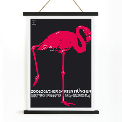 Ludwig Hohlwein poster of a pink flamingo on dark background for Zoologischer Garten München, with wooden magnetic frame on white background