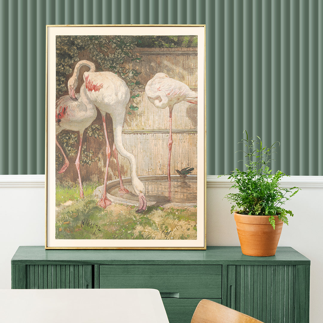 Three flamingos standing and drinking near a basin in a garden artwork by August Allebé titled Three Flamingos near a Basin poster, framed and displayed in home decor