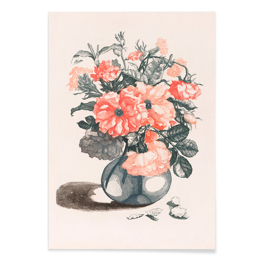 Glass vase with pink flowers and scattered petals still life poster inspired by Jean Baptiste Monnoyer, with black aluminium frame on white background