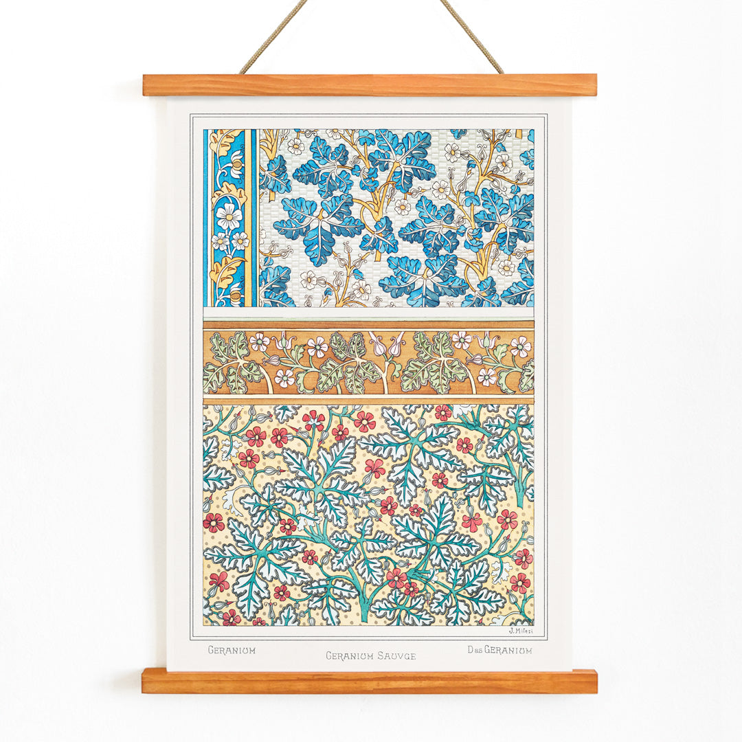 Decorative wild geranium botanical artwork and floral pattern poster by Maurice Pillard Verneuil from La Plante et ses Applications ornementales, with wooden magnetic frame on white background