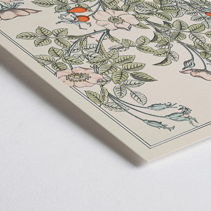 Closeup detail of Floral poster of roses and leaves by Maurice Pillard Verneuil titled Eglantier with intricate pastel patterns