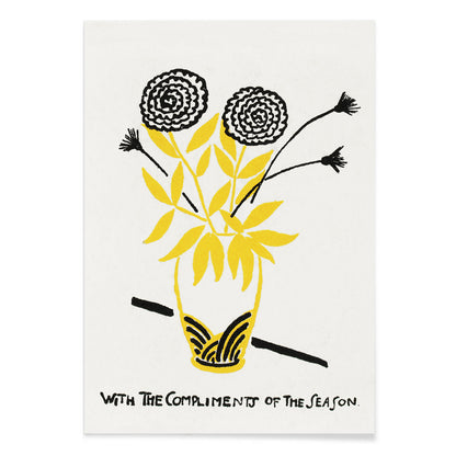 Yellow and black floral arrangement illustration and abstract flower poster in a vase with text With the Compliments of the Season by Henry Lyman Sayen, with black aluminium frame on white background