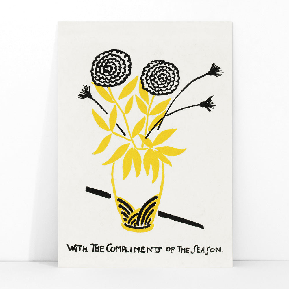 Yellow and black floral arrangement illustration and abstract flower poster in a vase with text With the Compliments of the Season by Henry Lyman Sayen, framed and displayed in modern living room decor