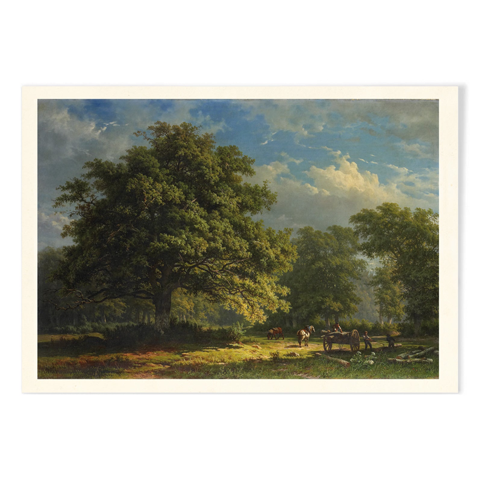 Pastoral landscape poster of The Bentheim Forest by George Andries Roth showing lush green forest large trees and people working with horses, with black aluminium frame on white background