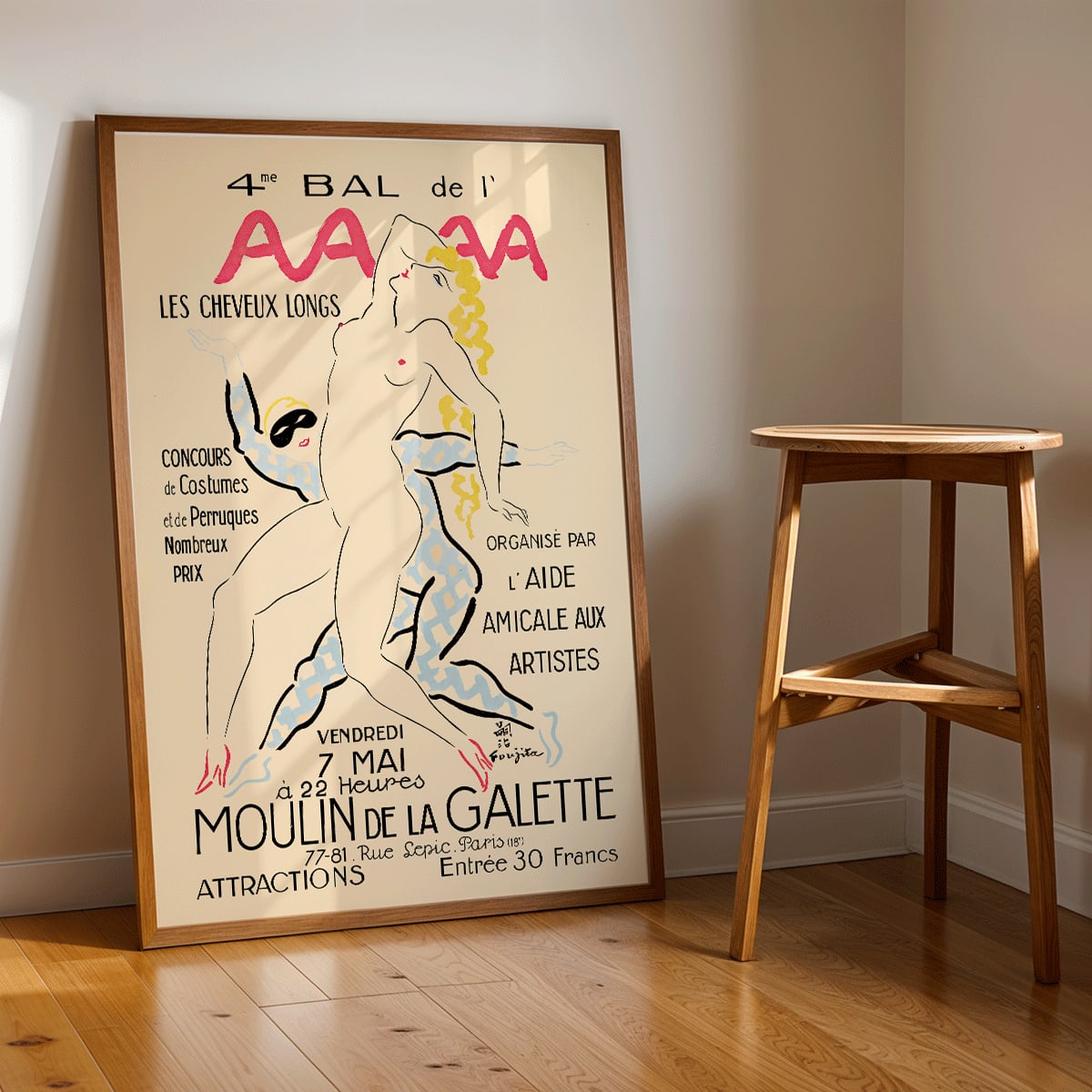 Artistic poster 4eme Bal de lAAAA by Foujita featuring dancers and two women in bold colors and elegant poses, framed and displayed in home decor