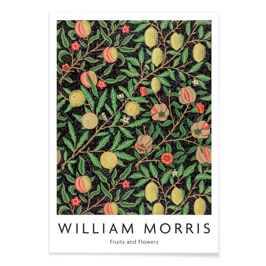 Colorful fruit and floral pattern artwork by William Morris featuring detailed branches leaves and vibrant fruits ideal for home decor, with black aluminium frame on white background
